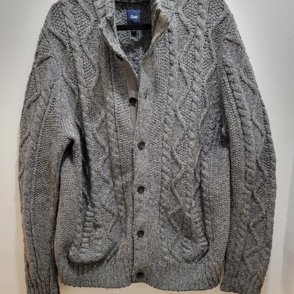 Gap Men's Mock Neck Chunky Knit Lambswool Grey Melange Cable Cardigan L Used - Picture 3 of 14